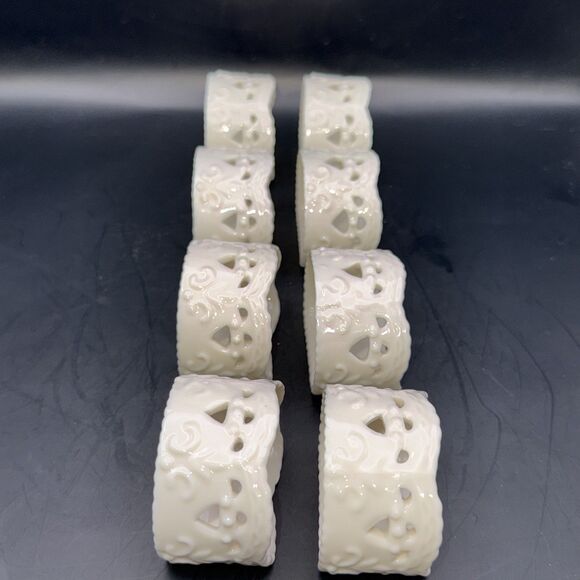 Set of 8 Skye McGhie Porcelain Napkin Rings Cream Lace Pattern Off White Holders - Picture 2 of 7